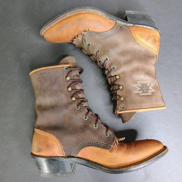 Vintage Abilene Boots Brown Leather Kiltie Packer Embroidered Aztec Size 5.5 - Picture 13 of 14